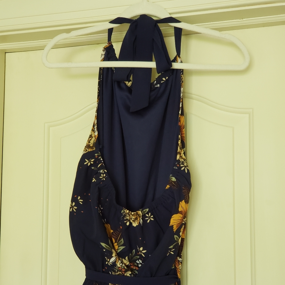 easel Navy Floral Halter Jumpsuit with Mustard Accents - Picture 2 of 3
